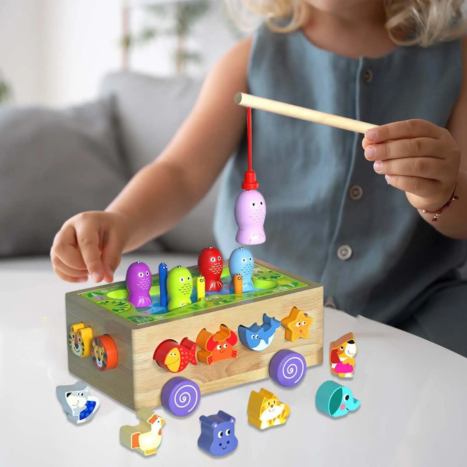 Shape Sorting Game Toy Montessori Wood Toy Developmental Toy Orchard Cart Fising Game for Gifts Ages 3+ Kids Boy Girl Children