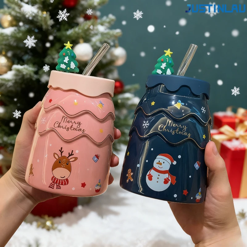 Kreative Weihnachtstassen Cartoon Weihnachtsbaum Form Weihnachtsmann Elch Schneemann Glocke Keramiktasse mit Deckel und Strohhalm Kaffeetasse Weihnachtsgeschenk