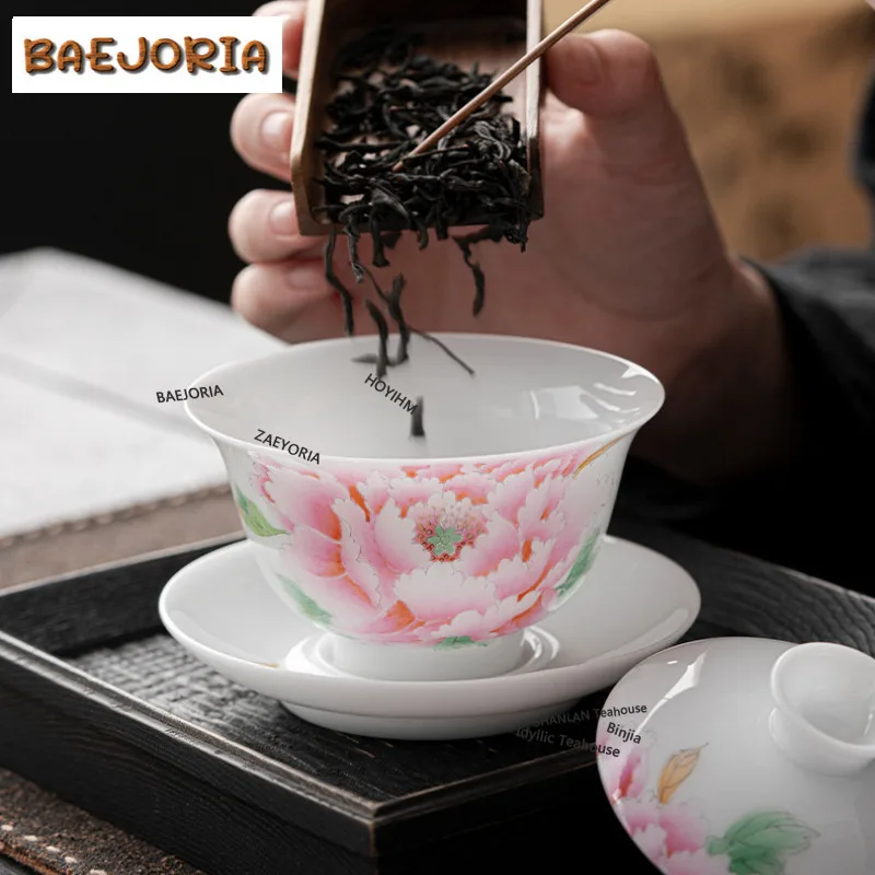 BAEJORIA 135ml Chinese Hand-painted Peony Gaiwan Elegant White Jade Mud Porcelain Tea Tureen Tea Brewing Cover Bowl Tea Gifts