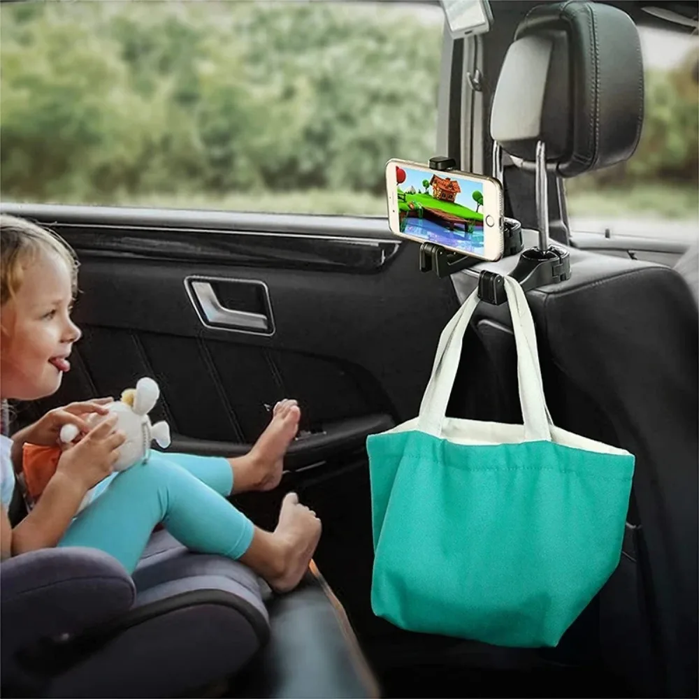 3 in 1 Car Back Seat Headrest Hook Mobile Phone Holder for Bag Purse Cloth Grocery Storage Hook Phone Holder Auto Fastener Clip