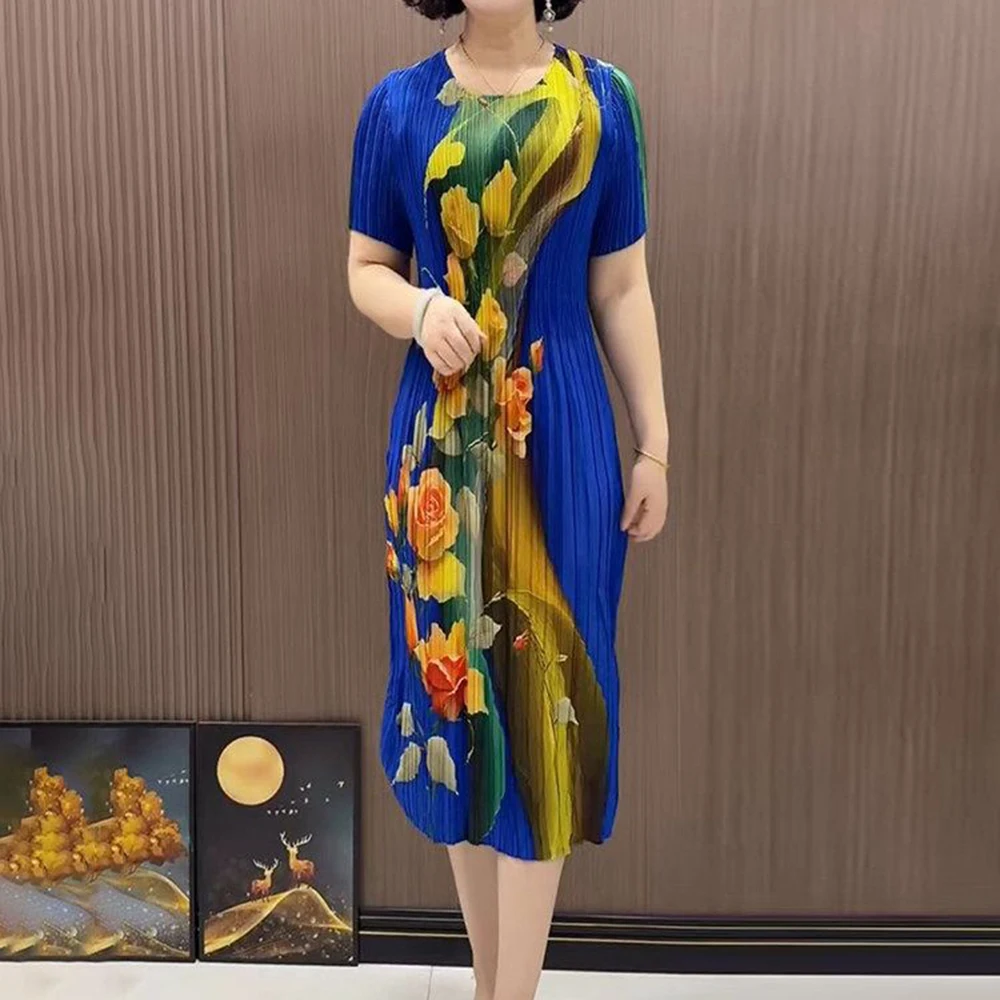 

pleated dress middle-aged mother summer dress ice silk double crepe elastic women's clothing thin skirt
