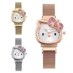 Hello Kitty Relógio Magnético Diamante para Senhoras, Kawaii Rosa Gato Arco, Ouro Prata Metal Jóias, Desenhos Animados Namorada Aniversário