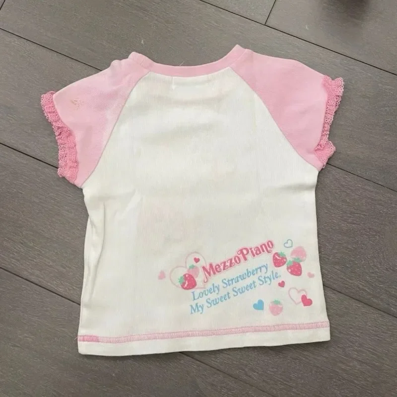 White Kawaii Letter Graphic T-Shirts Women Y2k Cutecore Lace Short Sleeve Cropped Tees Japanese Style Sweet Slim Tops