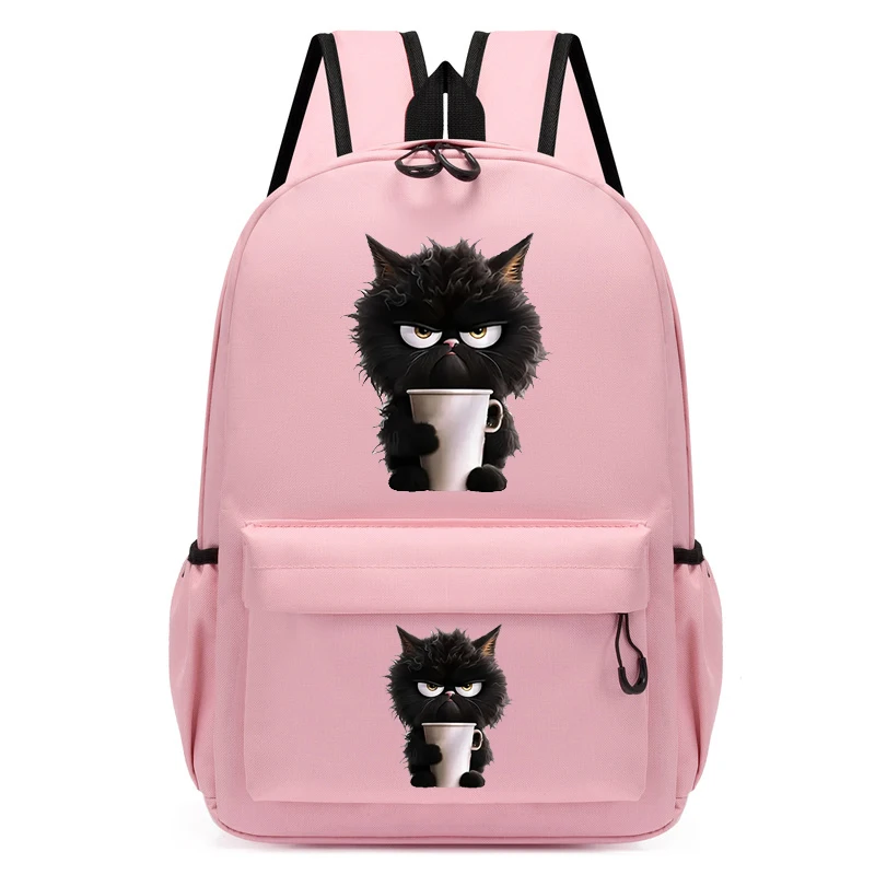 Cute Black Cat Backpack para meninos e meninas, Mochila dos desenhos animados, Bolsa de escola, Amor, Café, Animal, Leisure Bagpack, Anime Bookbag, Outing