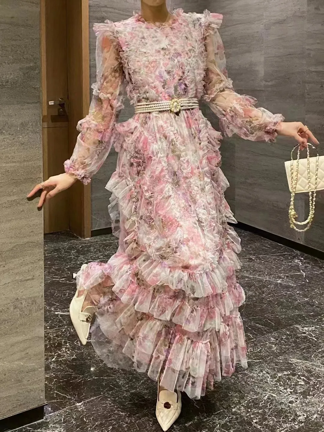 JAMERARY Runway Designer Holiday Mesh Tulle Print Floral Evening Cake Dress For Women Summer Long Sleeve Midi Vestidos Pink