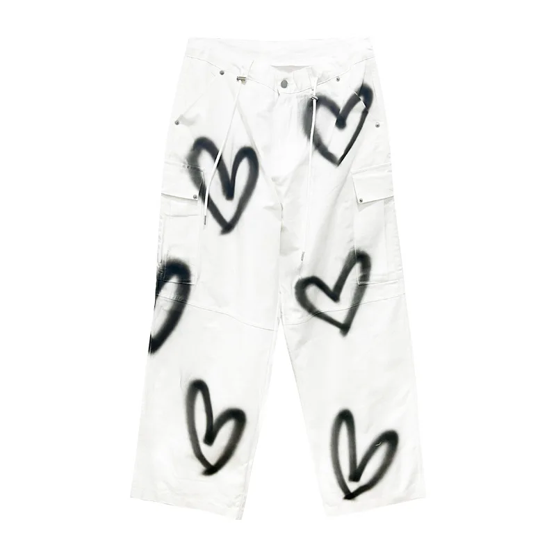 2023 Trendy Brand Trousers Hot Girl Niche Jeans Women's Autumn New Lace-up Sweet Cool Heart-Shaped Graffiti Wide-Leg Denim Pants