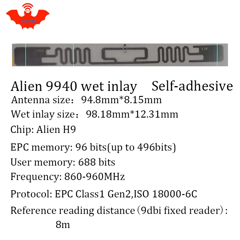 Imagem -06 - Uhf Rfid Tag Etiqueta Etiqueta Alien 9940 Wet Inlay Usado para 915mhz 860-960mhz Higgs9 Epc C1g2 Iso180006c 1000 Pcs por Rolo