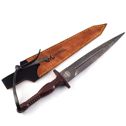 22cm Damascus Assault Dagger Medieval Weapon Model Sword All Metal with Holster Steel-grained Home Ornament Collections Gift Toy