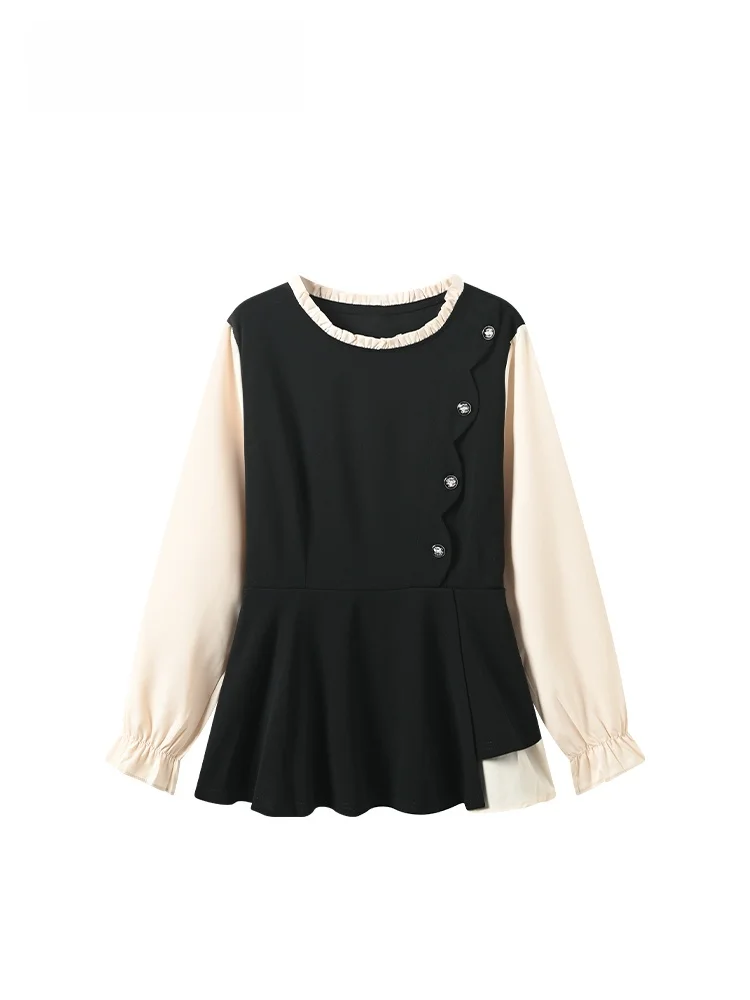 

Cara CLUB plus Size round Ne Long Sve irt Women Early Spring New Sle Fat Sister Anti-Aging Design Sense Top