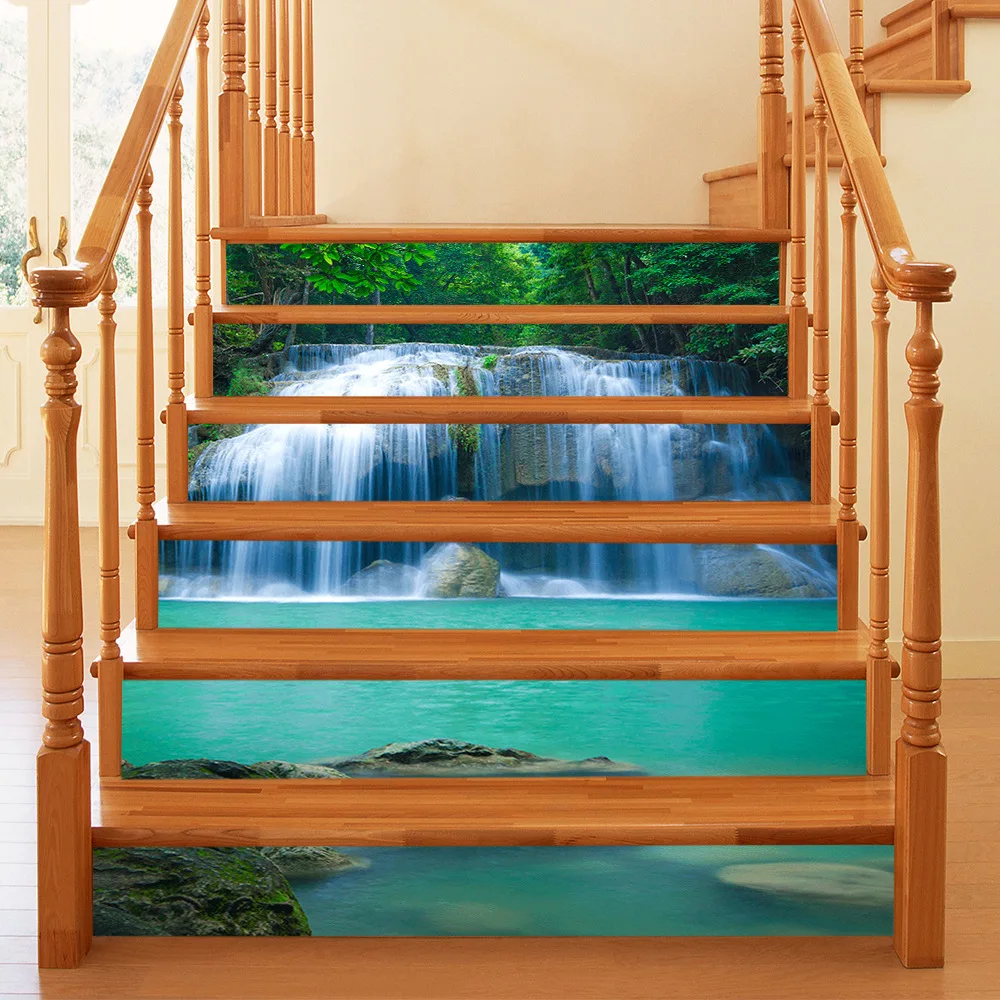 Stair Riser Decals 6Pcs 100×18cm Natural Tropical Forest Waterfall Scenery Peel & Stick Vinyl Wall Stickers Home Staircase Decor
