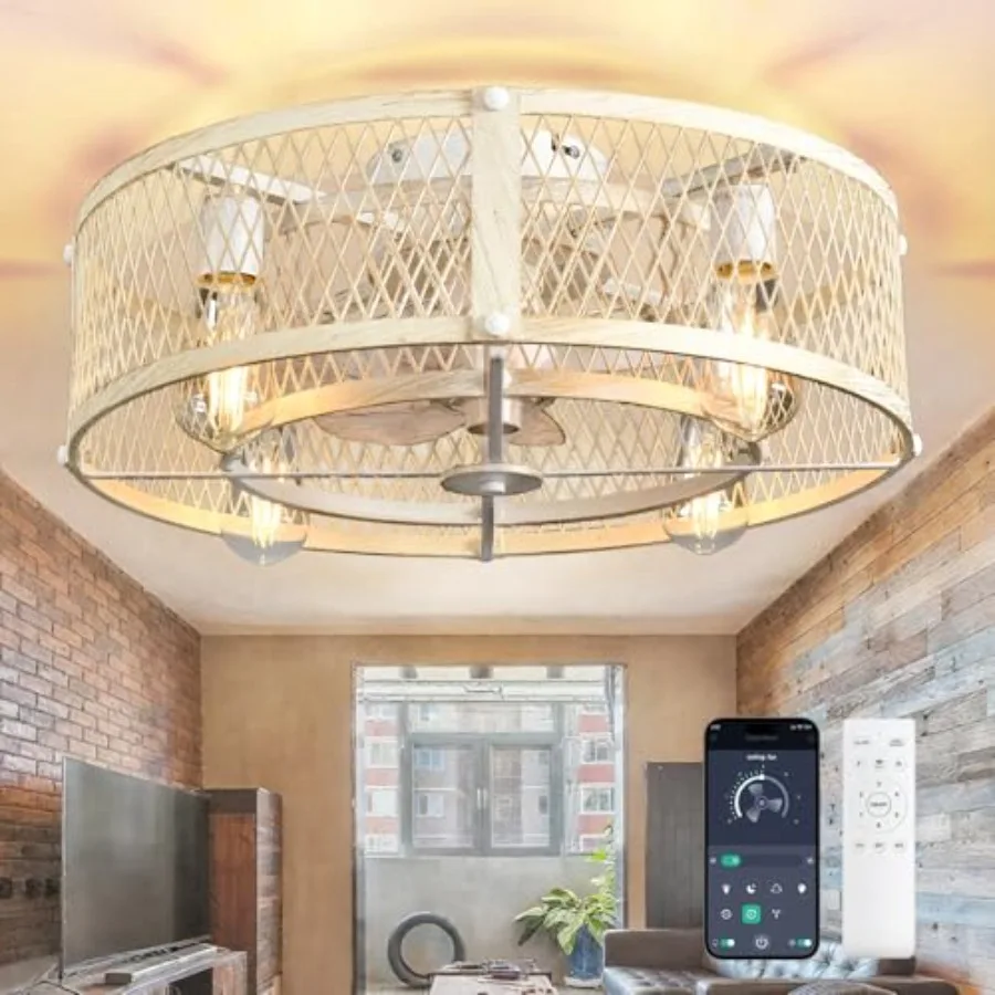 

Fush Mount Ceiing Fan: 20" Caged Ceiing Fans with ights and Remote App Contro for Kitchen Bedroom Farmhouse - Rustic ow Profie