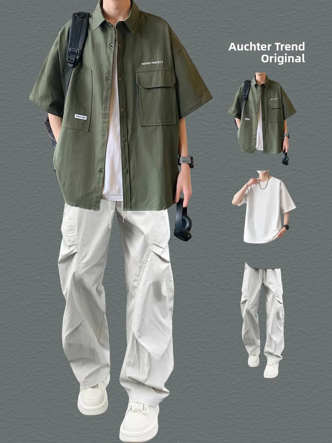 

Summer Thin Short Sleeve Shirt Three Piece Set for Teenage Boys American Style Casual Sports Wear High Waist Pants Long Trousers