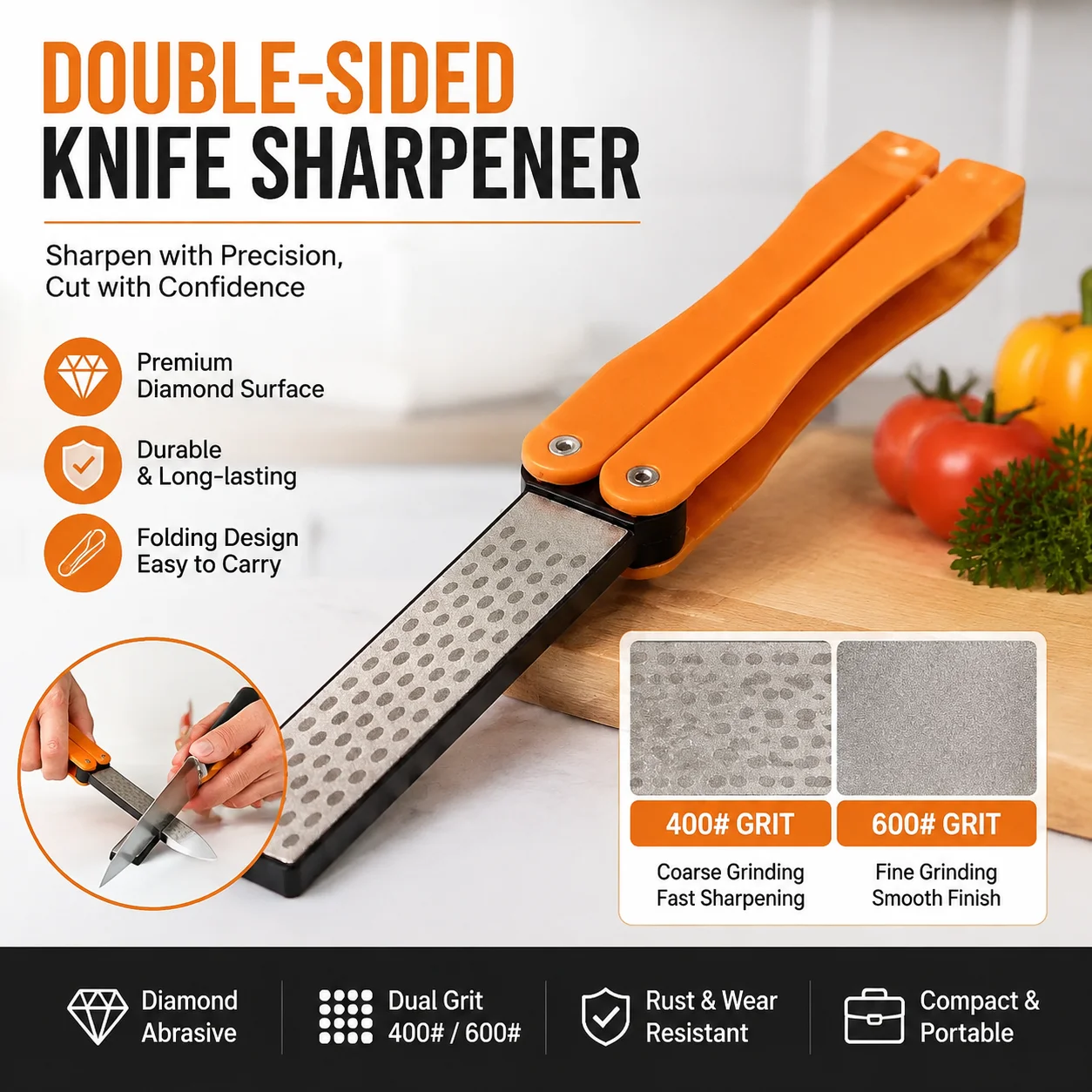 Double-sided 400-600# folding pocket diamond knife sharpener, portable double-sided sharpening stone for camping outdoor