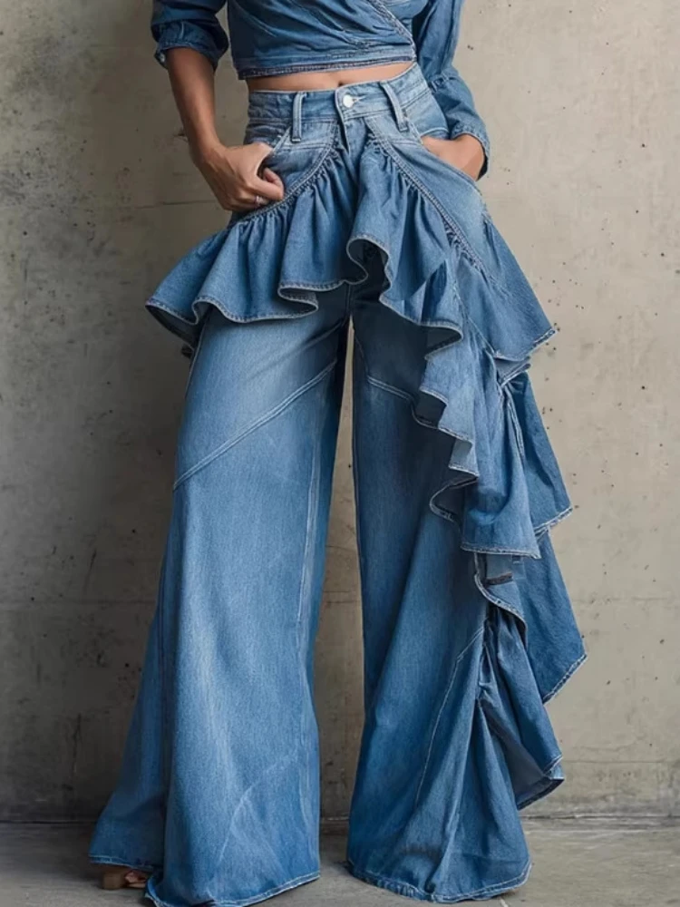 Women's Ruffle Trim High Waist Flare Jeans Asymmetrical Tiered Denim Pants Casual Elegant Wide Leg Bell Denim Bottom Trousers