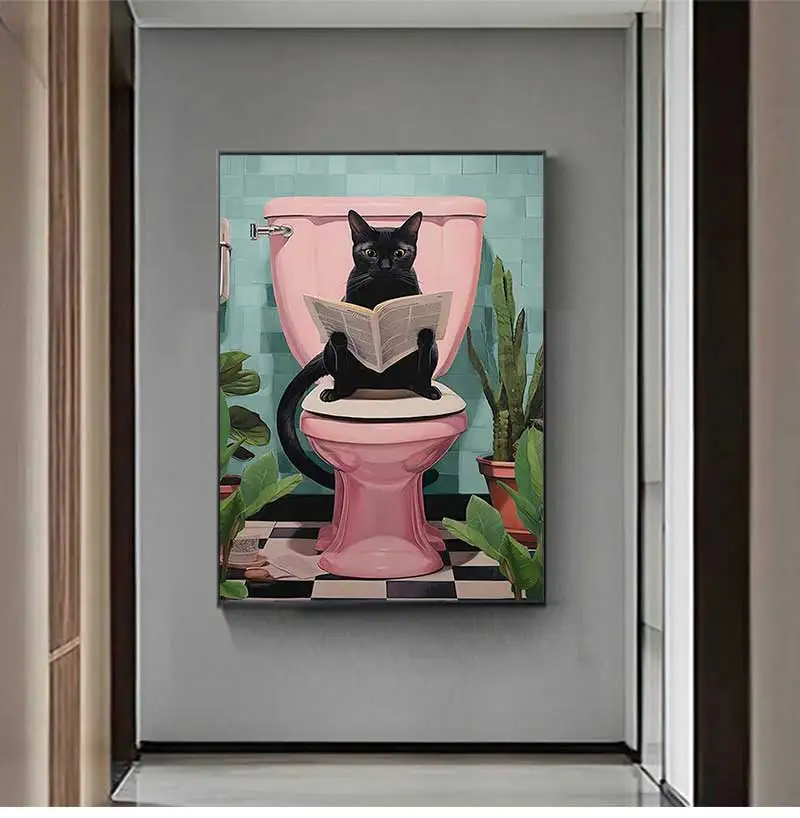 Modern Simple Wall Art Funny Animal Black Cat Cat Reading Newspaper Canvas Print Poster Home Toilet Bathroom Decorative Pictures