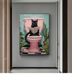 Modern Simple Wall Art Funny Animal Black Cat Cat Reading Newspaper Canvas Print Poster Home Toilet Bathroom Decorative Pictures