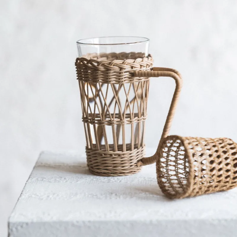 

Rattan Woven Water Cup Cover, Anti-scald Cups Holder with Handle, 1Pc Set