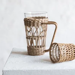 Rattan Woven Water Cup Cover, Anti-scald Cups Holder with Handle, 1Pc Set