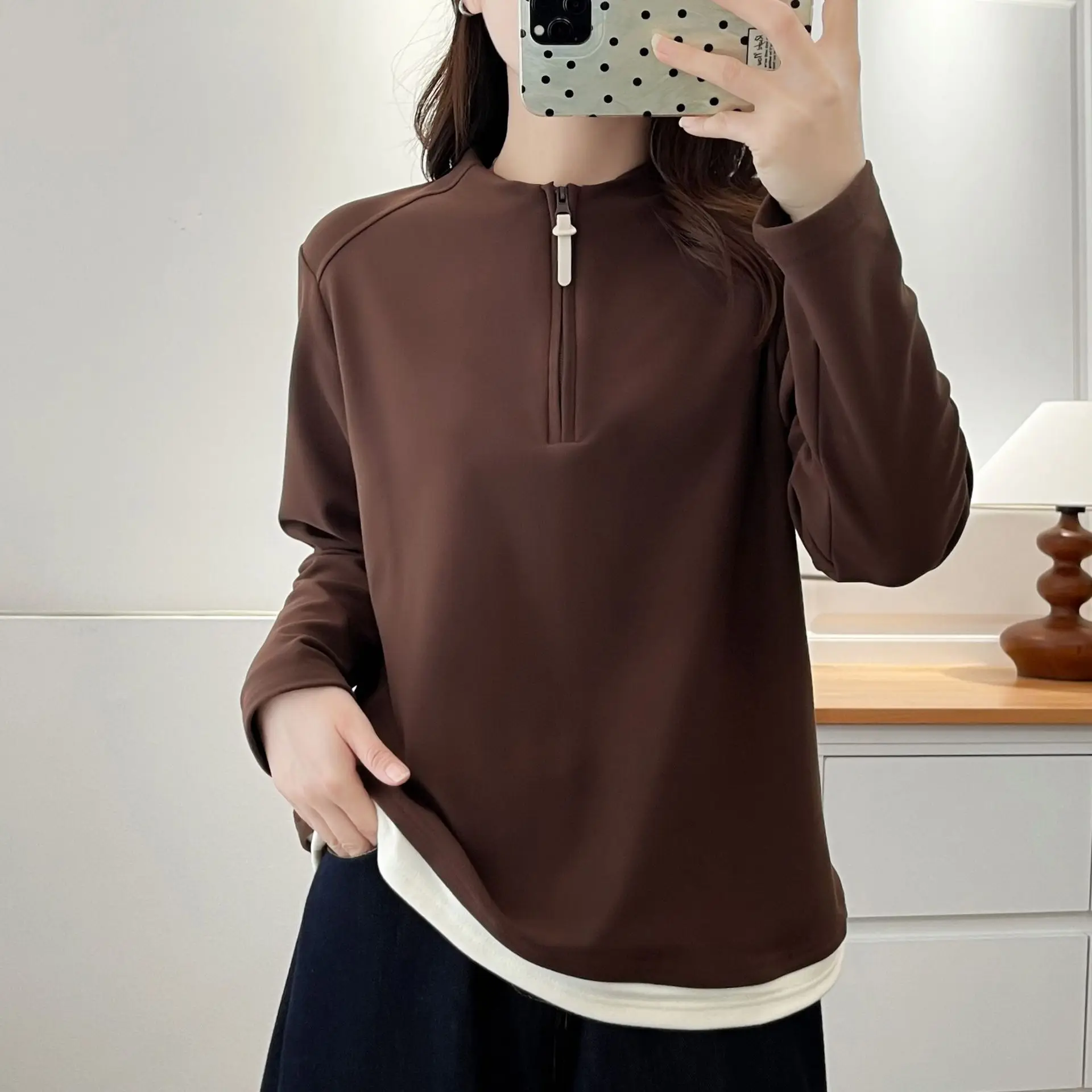 

XXXXL Fashion Plus Size Women's T-Shirt New Winter Simple color-blocked Zipper Stand Collar double-sided Fleece Warm Tops 8813