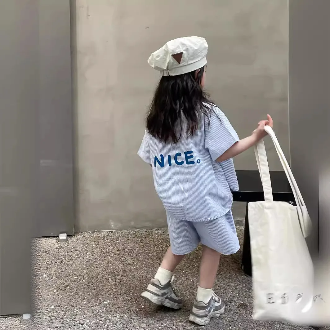 Girl Clothes Suit Korean Style 2024 New Spring and Summer Boys Vertical Bar Set  Children Loose Shirt Fashion Two-piece Set