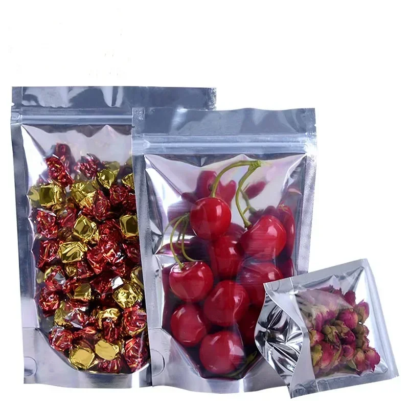 100pcs 0.16mm Silver Self Sealing Self-stand Bag Front Clear Aluminized Foil Sack Food Dried Fruits Ziplock Packing Pouch