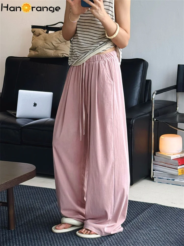 

HanOrange 2025 Summer Elastic Waistband Drawstring Casual Pants Women Soft Skin Friendly Trousers Dark Gray/Pink/Haze Blue
