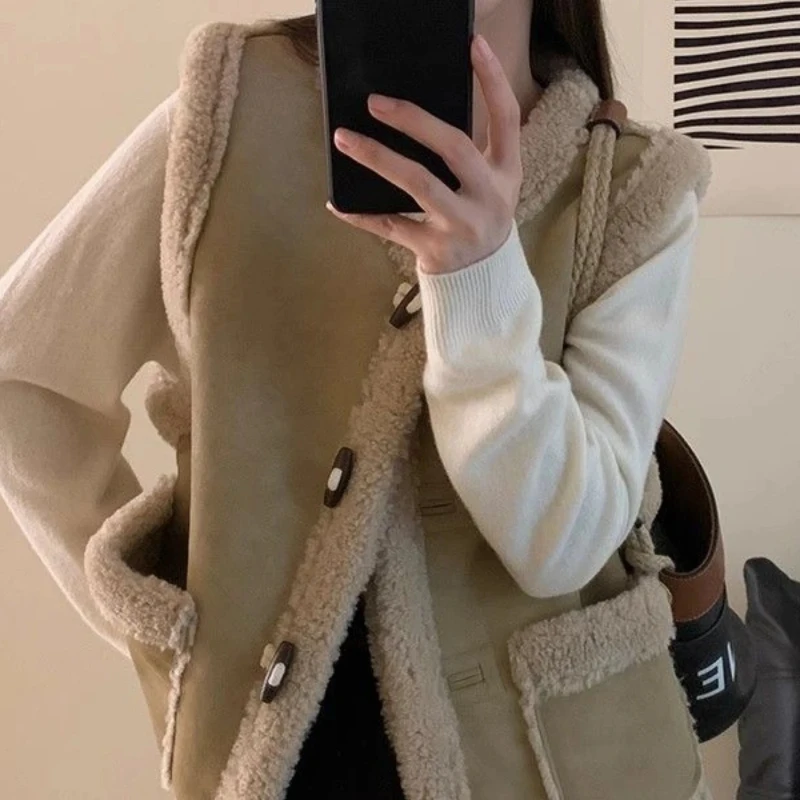 

Splicing Lady Lamb Plush Giletes Warm Classic Coats on Sale Trend 2024 Women's Vests Sleeveless Pretty Cheap Clothes Fashion