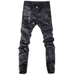 2024 trend new black Slim leather pants personality zipper stitching leather pants fashion youth motorcycle leather pants male