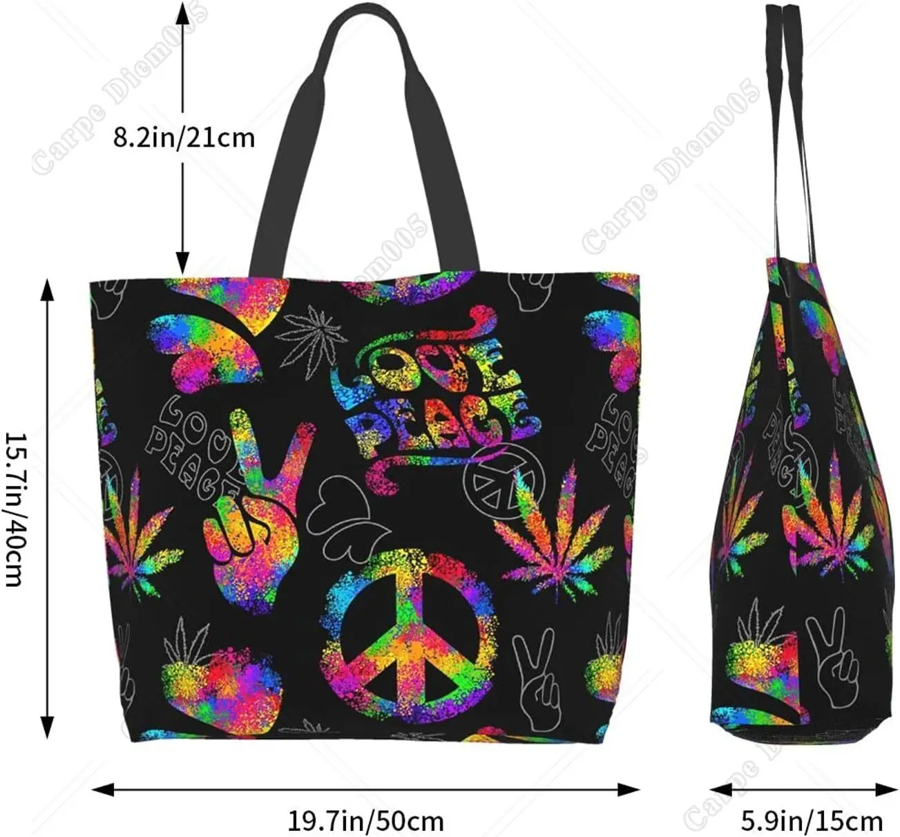 Love and Peace Neon Tote Bag Large Women Casual Shoulder Bag Handbag Reusable Multipurpose Shopping Grocery Bag for Outdoors…