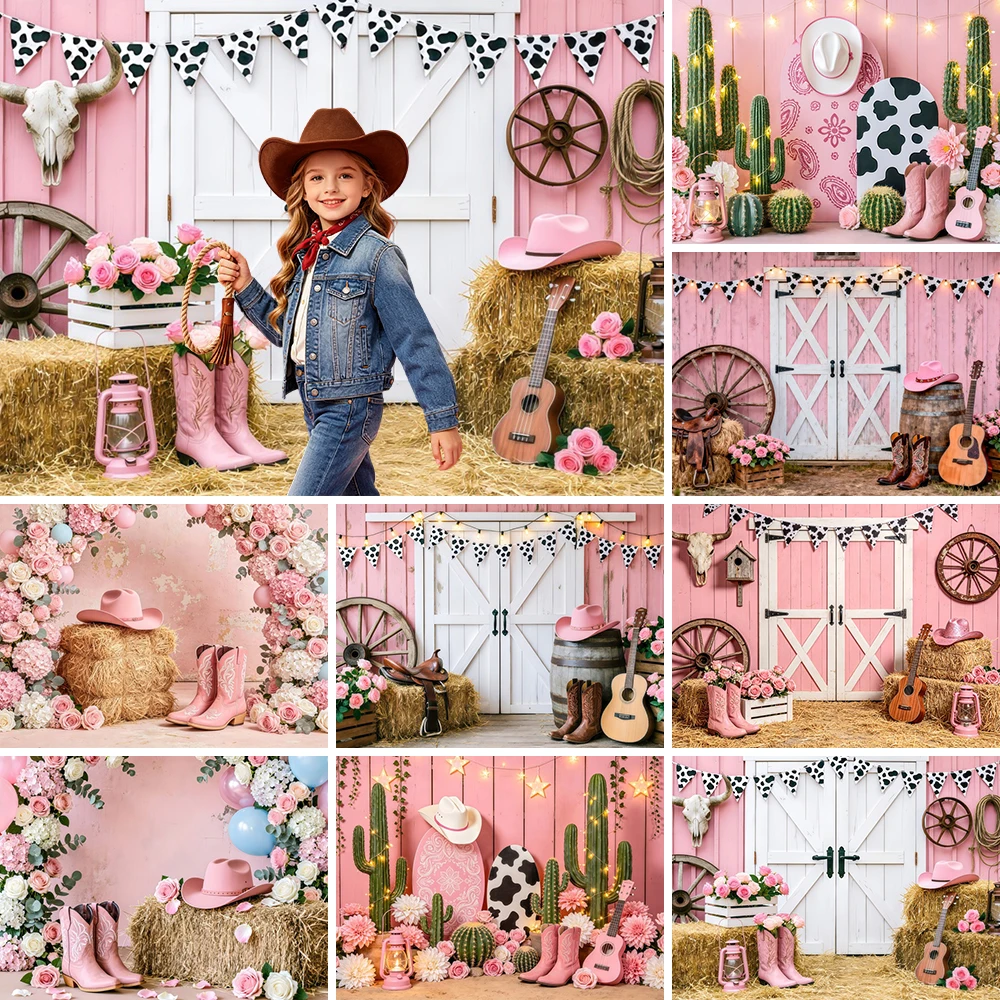 Western Cowboy Hintergrund Rosa Ballons Holztür Heuerfarm Neugeborenen Geburtstag Party Deko Mädchen Porträt Fotohintergrund