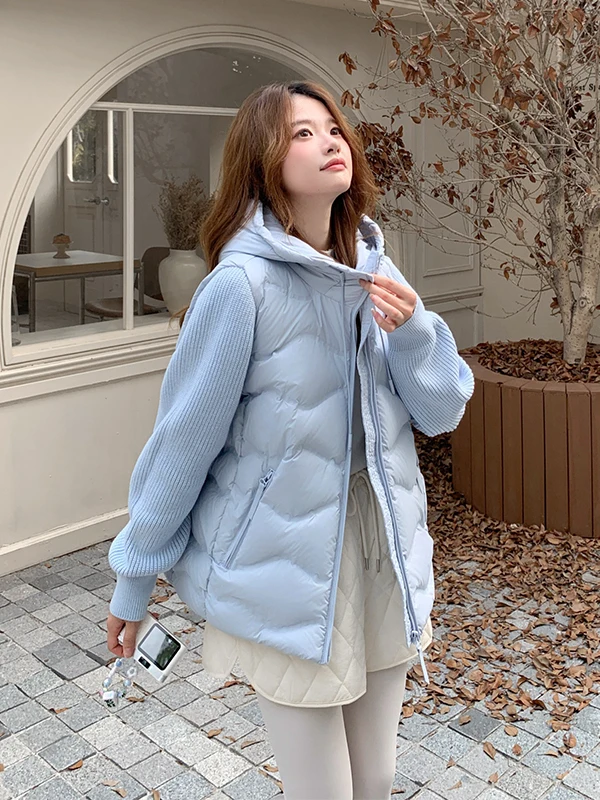 Veste d'hiver en duvet pour femme, bleu, tricotée, patchwork, design élégant, vêtements d'extérieur chauds, longue manche
