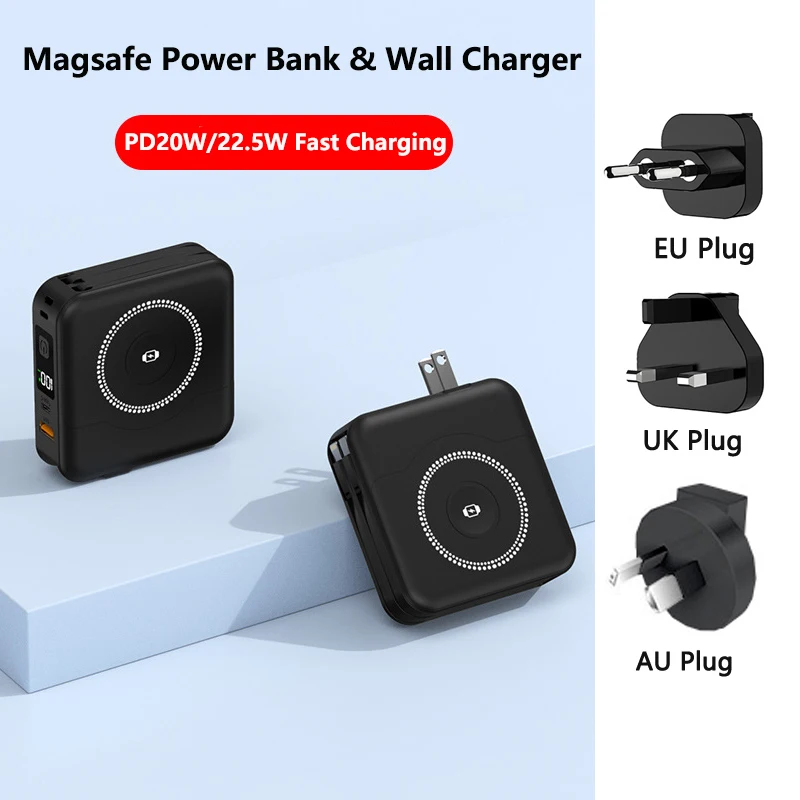 

Magnetic Wireless Power Bank with AC Plug 22.5W Fast Charging for iPhone 16 iWatch Airpods Travel Wall Charger Adapter Powerbank