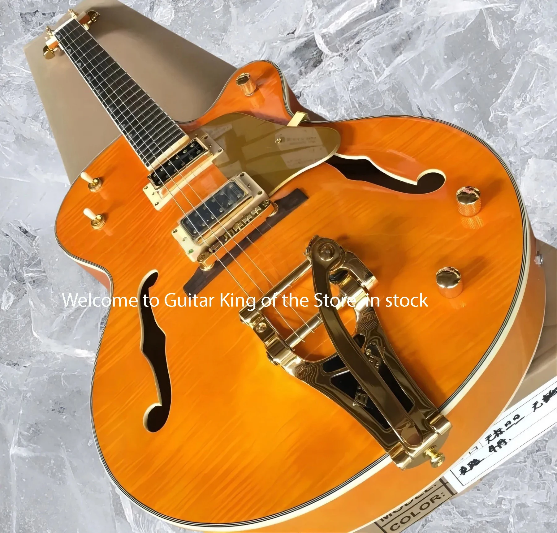 الجملة مصنع مخصص الغيتار البرتقالي الصقر 6120 شبه جوفاء الجسم الجاز الغيتار الكهربائي مع Bigs Tremolo3698