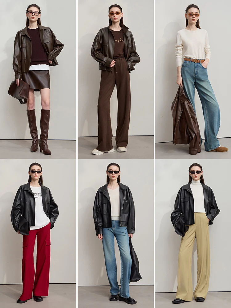 AMII abrigo para mujer 2025 otoño nueva chaqueta de cuero con solapa moderna Retro chaqueta de cuero holgada de manga larga para mujer 12543111