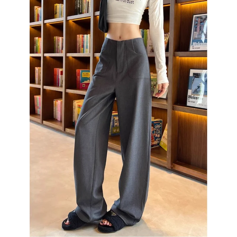 Celana Setelan Abu-abu Wanita Pinggang Tinggi Musim Semi Musim Panas Baru Kasual Kaki Lebar Terkulai Kerja Lurus Malas