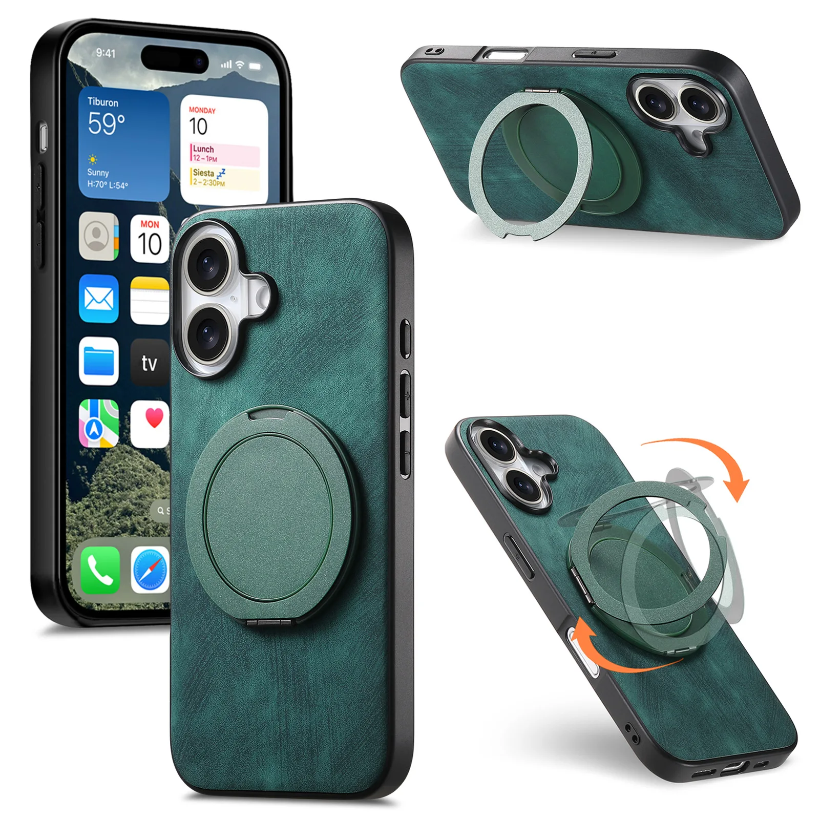 Magnetic Case for iPhone 16 Pro Max/16 Pro/16 Plus/16, Retro Leather Case with Rotation Metal Stand Non Slip Phone Cover