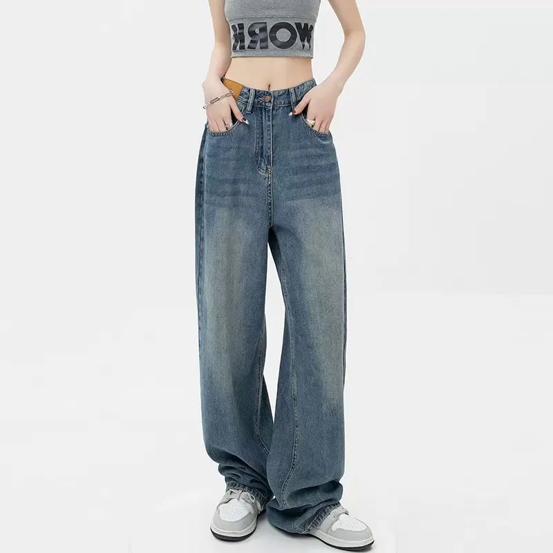 Jeans solto de cintura alta feminina com bolsos, calça de comprimento total, jeans reto, lavando, monocromático, strech claro, 2020