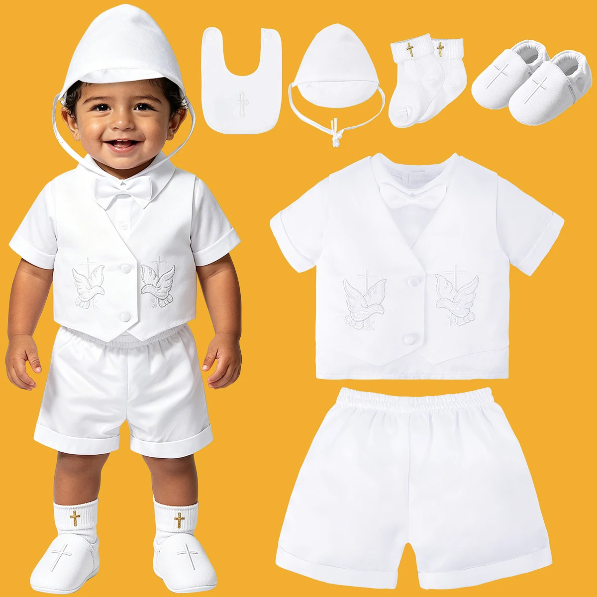 Traje de bautismo para bebés, conjunto de paloma de bautizo blanco para bebés, dedicación para recién nacidos, regalo de cumpleaños de Iglesia de Pascua, ropa de manga corta ﻿