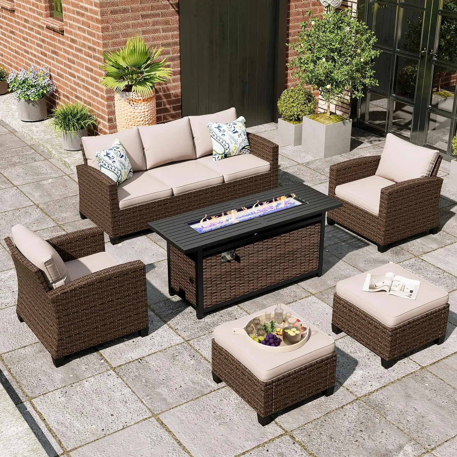 

Patio Furniture Set, 6 Pcs Wicker Outdoor Conversation Set, Single Chairs,3-Seater Sofa with 4" Thick Cushion，56" Fire Pit