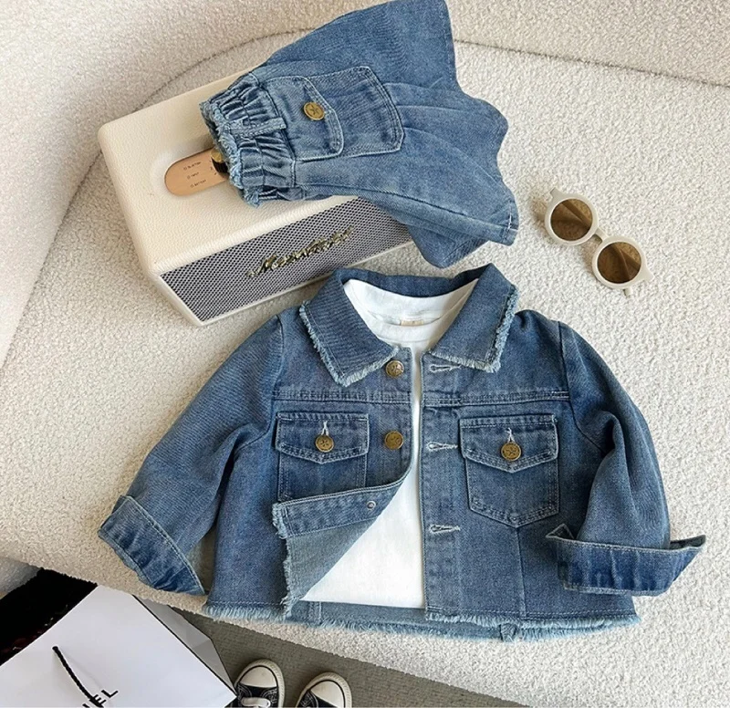 Children\'s clothing 2-8 year old girls denim set 2024new retro lapel long sleeved denim jacket+pleated skirt casual two-pieceset