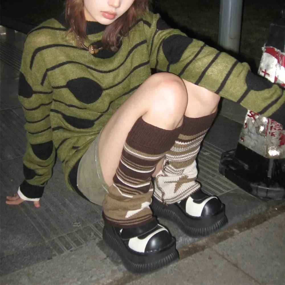 Y2K Leg Warmers Harajuku Sexy Leg Warmers Striped Knitted Socks Women Lolita Leg Cover Slouch Socks Boot Cuff Boot Sleeves