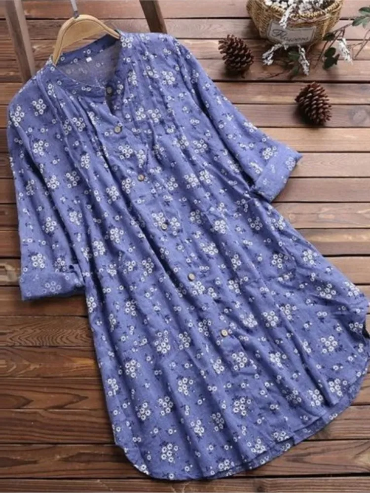 Dame Blumen Druck Hemd Casual Langarm Stehen Neck Taste Lose Shirts Tops Für Frauen Boho Urlaub frauen Kleidung Frühling