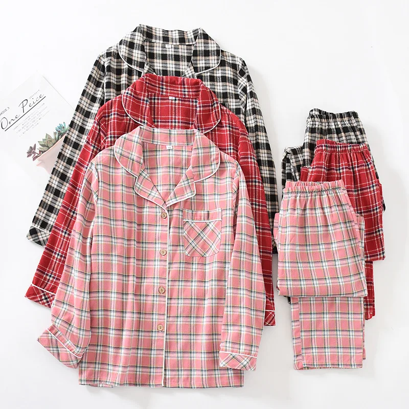 

Women Brushed Fabric Plaid Pajamas Long Sleeve Breathable Sleepwear Loose Comfortable Home Clothes Turn-down Collar Set 2 Piece