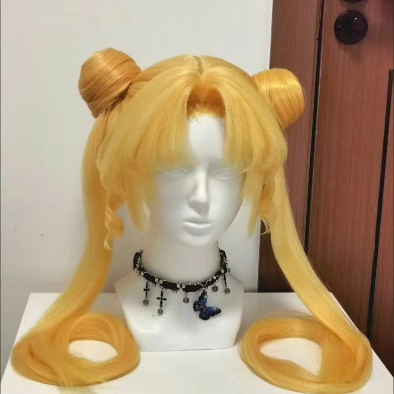 Anime Sailor Moon Cosplay Wig Golden Double Ponytails Heat Resistant Synthetic Fiber Hair With Rose Net For Halloween For Party