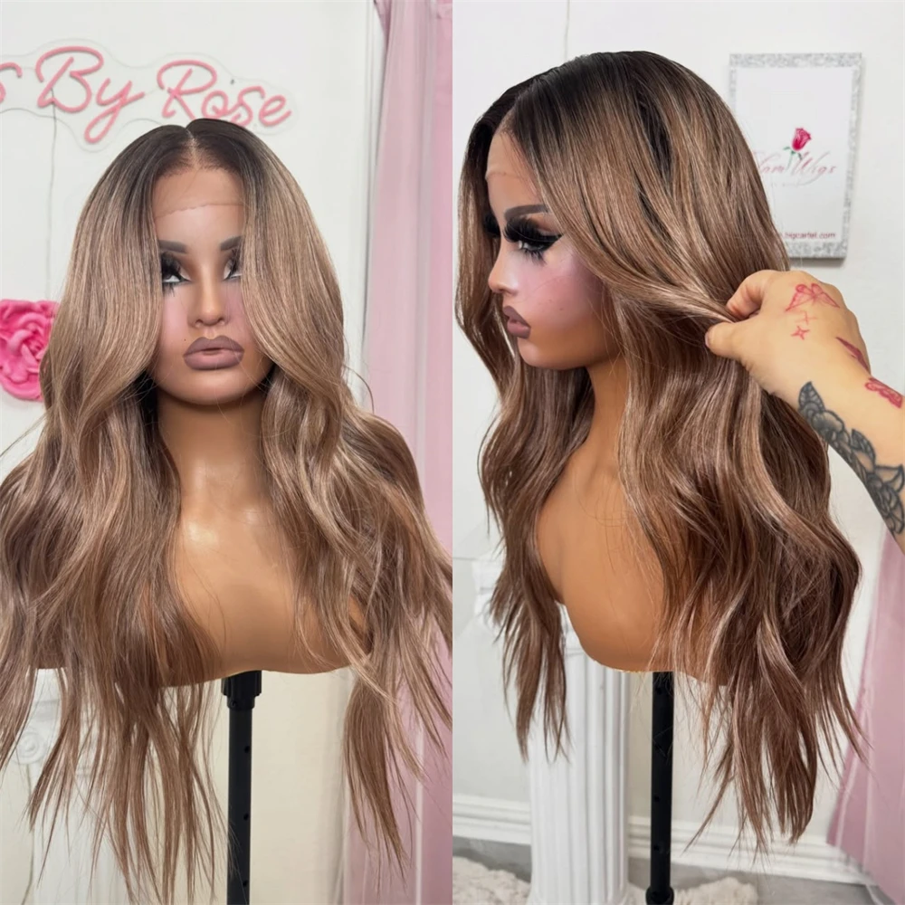 

150% Density Wig 13x4 Ombre Brown Wig Glueless Synthetic Lace Front Wig Glueless Preplucked Hairline with Baby Hair Cosplay Wig