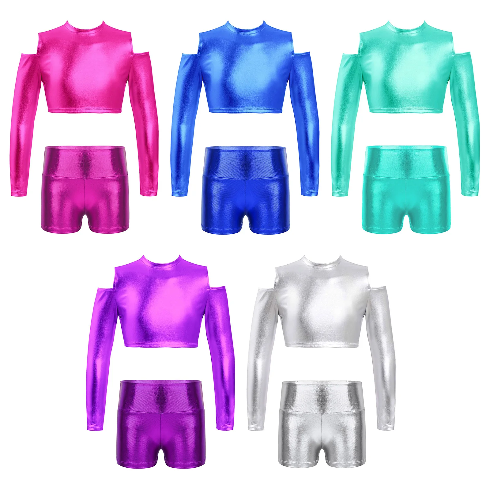 

Kids Girls Gymnastics Sport Set Glossy Crop Top Long Sleeves Cold Shoulder with High Waist Shorts Fitness Performance Dancewear