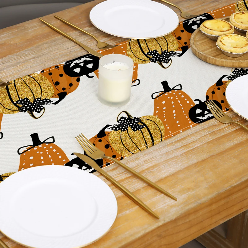 Table Runner Decoration for Halloween Single-layer Linen Table Runner Pumpkin Ghost Indoor Outdoor Halloween Banquet Party