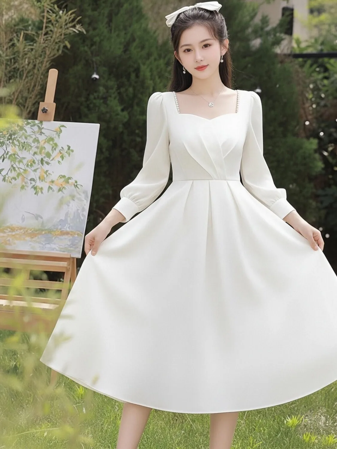 Elegant Pearl Embellished Long Sleeve Midi Dress Wedding Engagement Ceremony Women's Dress Square Collar Ball Gown Style