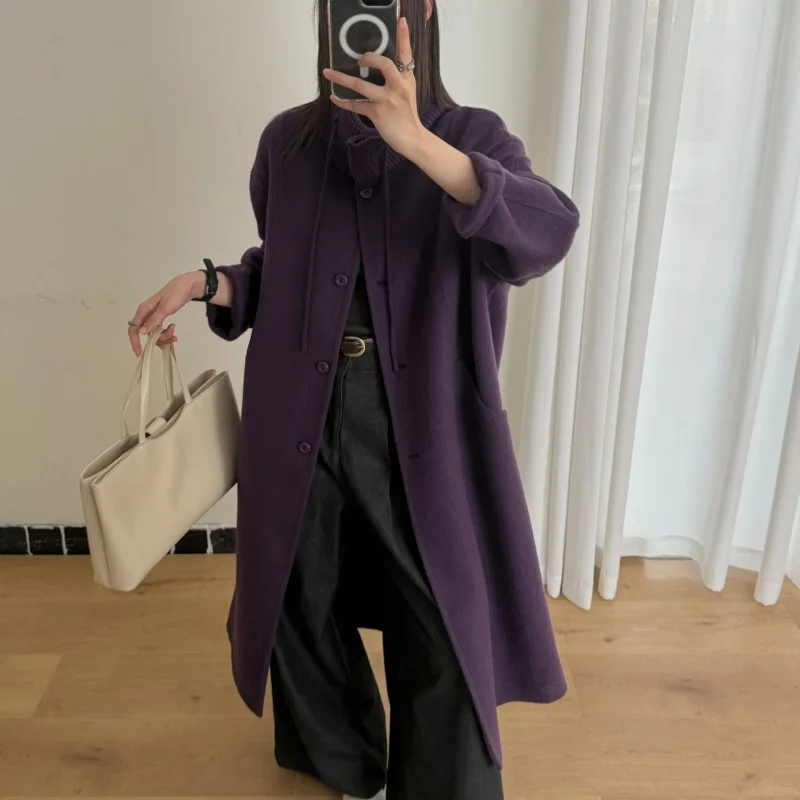 Autumn and winter original temperament silhouette stand collar old money style hand sewn double-sided woolen coat medium long wo