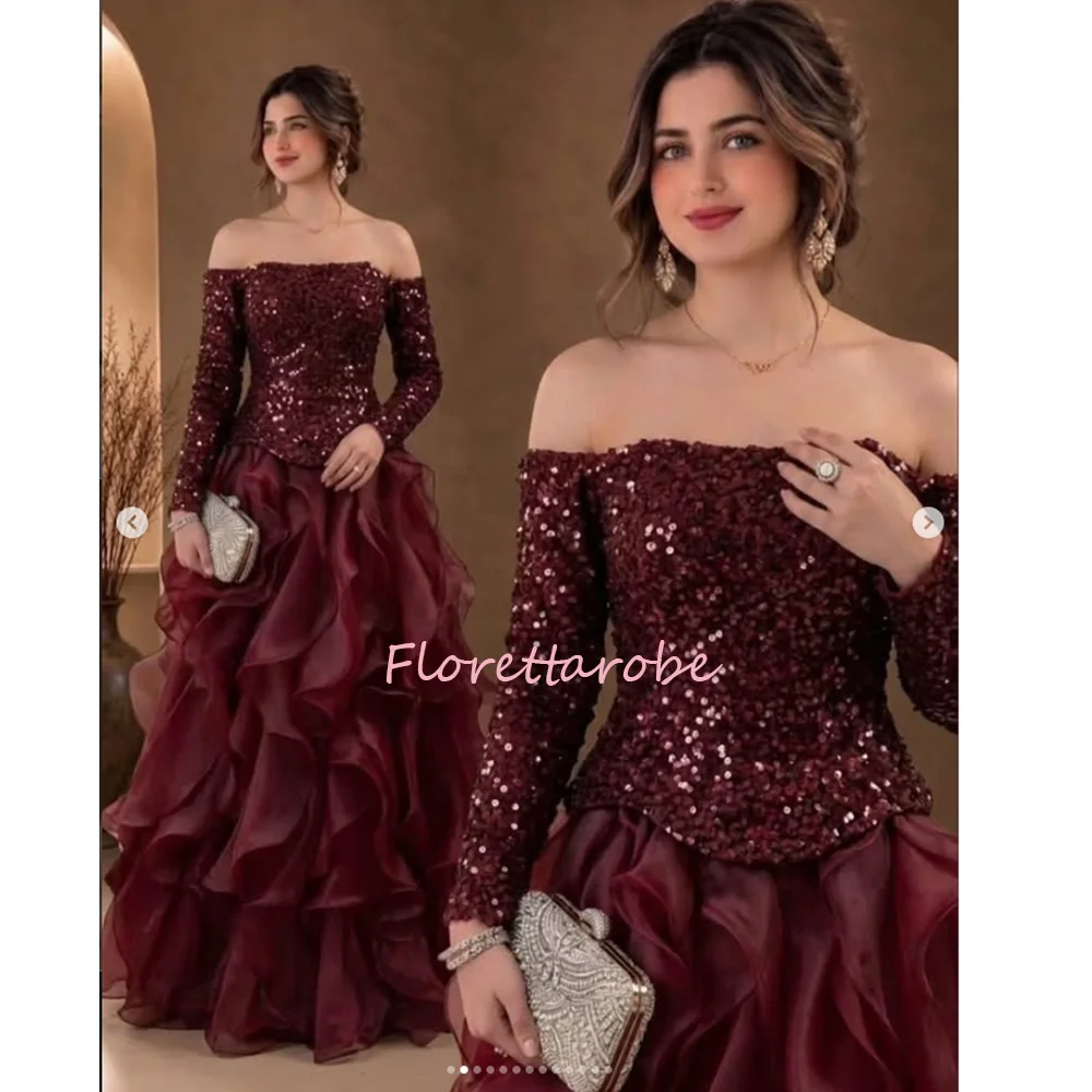 Women's Sparkly Sequins Ruffles A Line Sweetheart Evening Dresses With Long Sleeves Floor-Length Elegant Prom Dress Customized